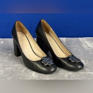 Tory Burch Black Leather Janey Block Heel Pumps Size and 7